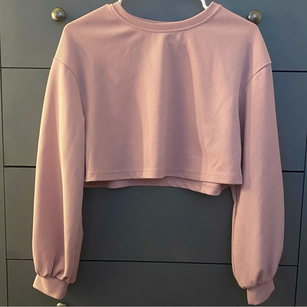 XS Women’s SHEIN EZwear Ribbed Solid Pink Drop Shoulder Long Sleeve Crop Top